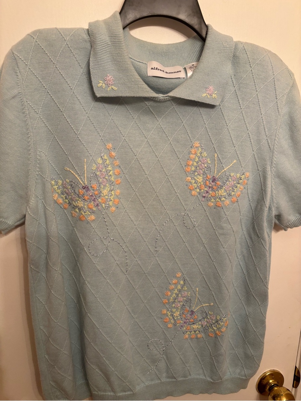 Alfred Dunner Pastel Blue Short Sleeve Knit Top with Embroidered Butterflies